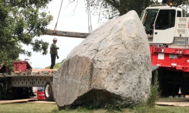 In advance of moving a 70-ton boulder know as Chamberlin Rock off the campus of UW-Madison on August 6