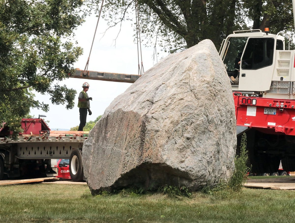<i>John Hart/Wisconsin State Journal</i><br/>In advance of moving a 70-ton boulder know as Chamberlin Rock off the campus of UW-Madison on August 6