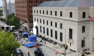 Filming for the movie Killers of the Flower Moon outside the Federal Courthouse in downtown Tulsa on August 8.