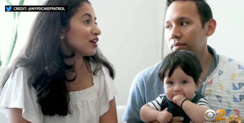 <i>NYPD/WCBS</i><br/>Raina Enand (left) sits with Sean Echevarria (right) and their 5-month-old son