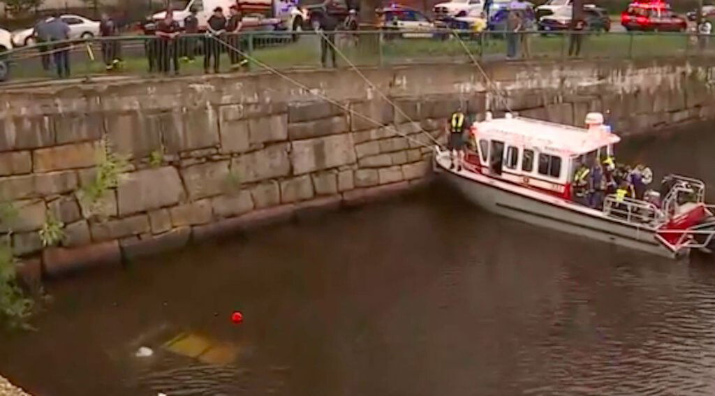 <i>WCVB</i><br/>A sport utility vehicle plunged into the Charles River after a crash in Cambridge on Aug. 24.