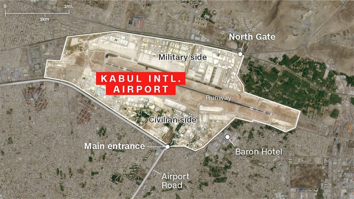<i>Planet Labs/Google Maps/CNN</i><br/>This CNN graphic shows the layout of the Kabul Airport in Afghanistan. An explosion took place outside the airport on Thursday.