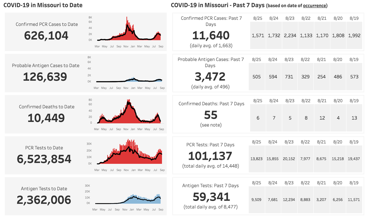 Missouri Department of Health and Human Services Covid-19 Numbers August 28