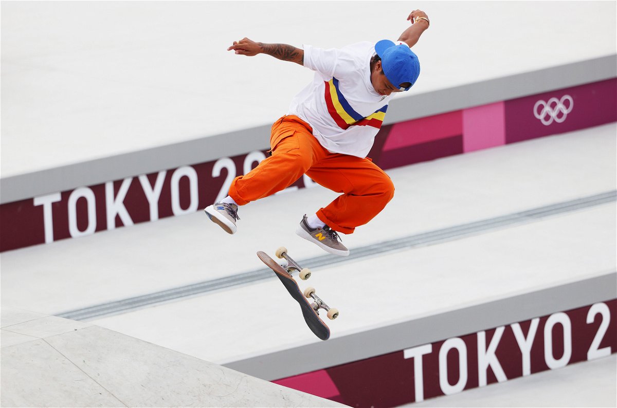 <i>Ezra Shaw/Getty Images</i><br/>Margielyn Didal of Team Philippines competes in the women's street skateboarding final in Tokyo.