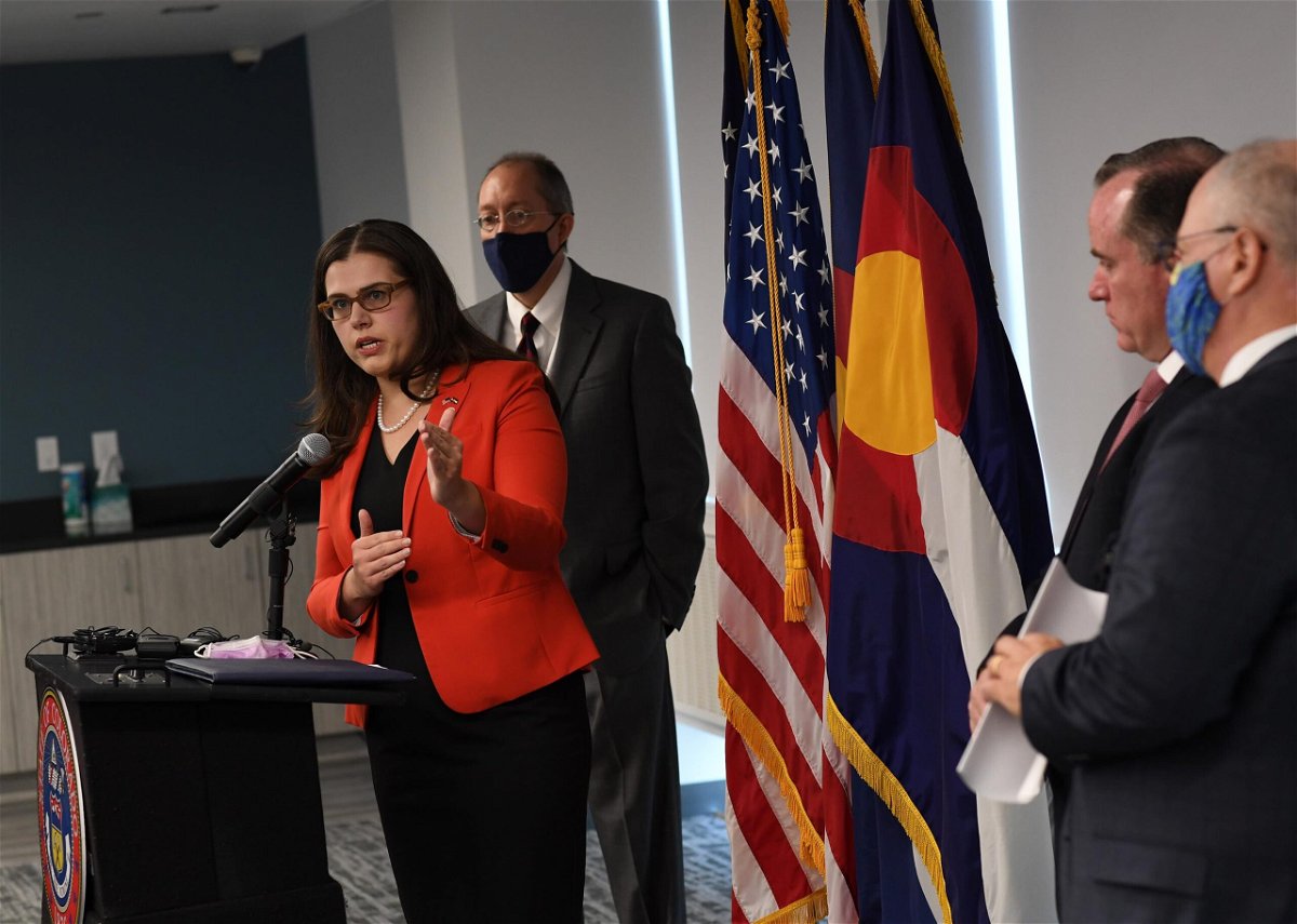 <i>RJ Sangosti/The /Denver Post/Media News Group/Getty Images</i><br/>Colorado Secretary of State Jena Griswold speaks during a press conference about the Mesa County election breach investigation on August 12