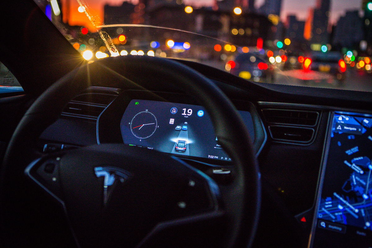 <i>Christopher Goodney/Bloomberg/Getty Images</i><br/>An instrument panel with the Tesla Motors Inc. 8.0 software update illustrates the road ahead using radar technology inside a Model S P90D vehicle.