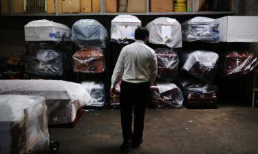 An inventory of pre-sold caskets at a funeral home in April 2020 in New York City.