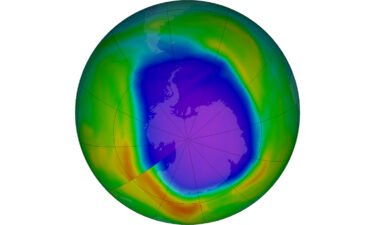 False-color view of total ozone over the Antarctic pole. The purple and blue colors are where there is the least ozone