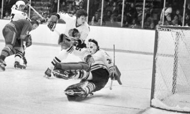 Chicago Blackhawks goalie Tony Esposito stops a Buffalo Sabres shot during a game in Chicago on December 19