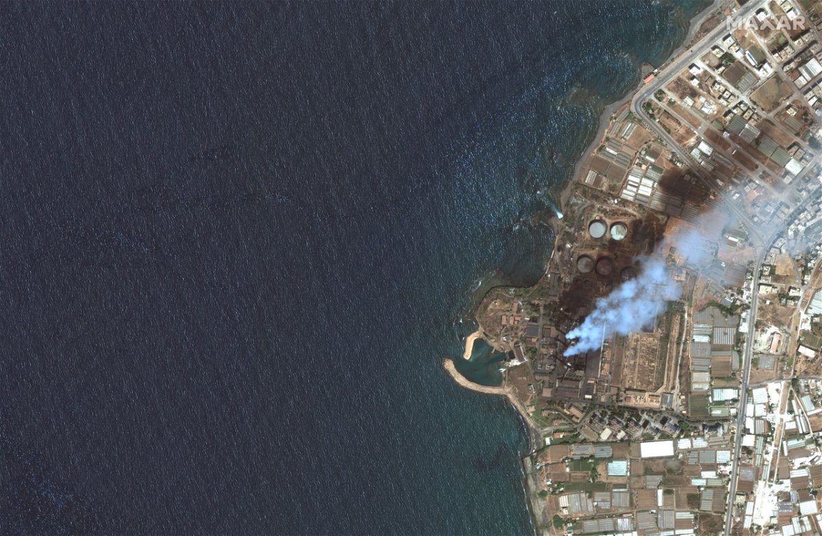 <i>Satellite image @2021 Maxar Technologies</i><br/>A Syrian oil spill is spreading across the Mediterranean and could reach Cyprus on Wednesday.