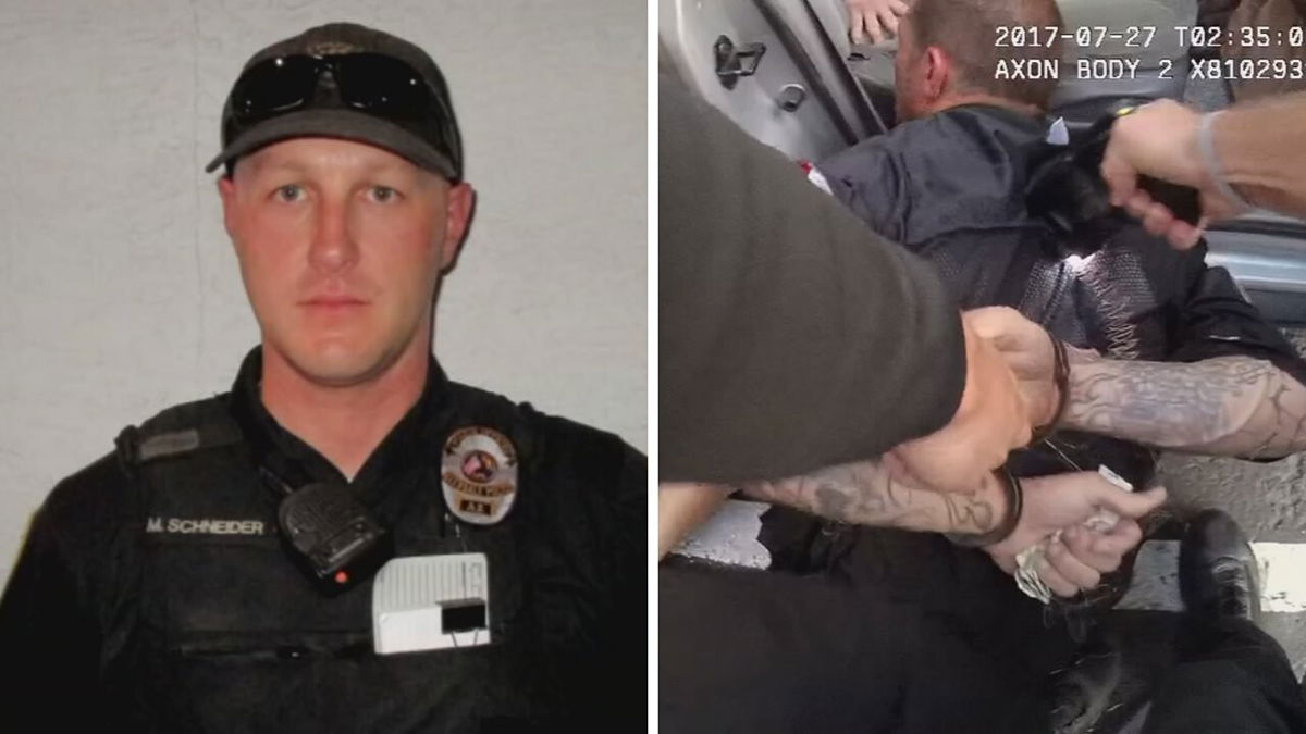 <i>Glendale PD via KPHO</i><br/>A photo of Matthew Schneider is seen when he was with the department and body-cam video photo of the 2017 incident.