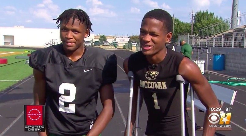 <i>KTVT</i><br/>Juniors Caimon and Crimson Mathis came into the world two minutes apart. Never was the brotherly love greater than the second game of the season when Crimson broke his leg requiring surgery.