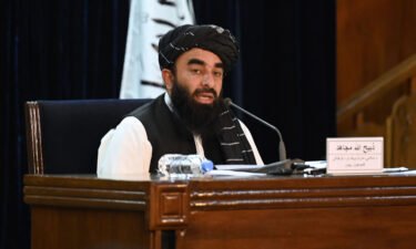 Taliban spokesman Zabihullah Mujahid speaks during a news conference in Kabul on September 7.