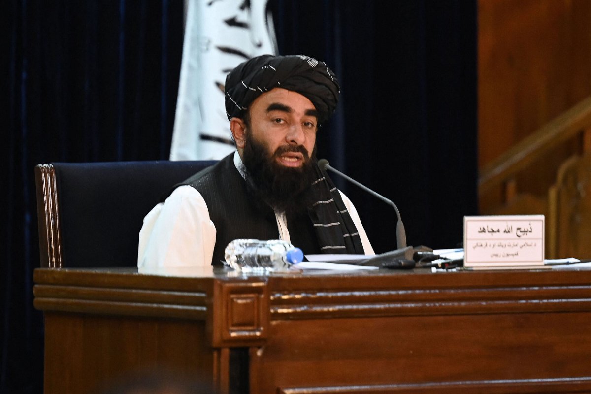 <i>Aamir Qureshi/AFP/Getty Images</i><br/>Taliban spokesman Zabihullah Mujahid speaks during a news conference in Kabul on September 7.
