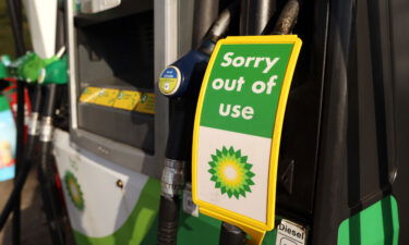 A sign reads 'Sorry out of use' on a diesel pump at a BP gas station in Brentwood