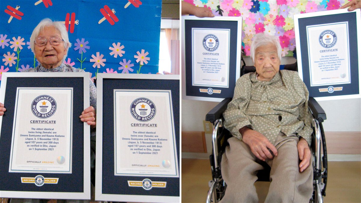 <i>Guinness World Records via AP</i><br/>Identical twins Umeno Sumiyama (left) and Koume Kodama (right) are seen. The two Japanese sisters have been confirmed as the world's oldest living identical twins and the oldest ever identical twins at the age of 107.