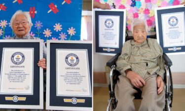 Identical twins Umeno Sumiyama (left) and Koume Kodama (right) are seen. The two Japanese sisters have been confirmed as the world's oldest living identical twins and the oldest ever identical twins at the age of 107.