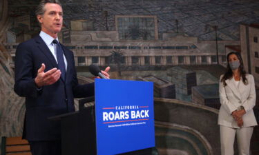 California Gov. Gavin Newsom speaks during a press conference at The Unity Council on May 10