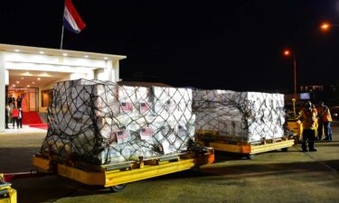 Boxes containing some of the one million doses of the Pfizer vaccine against Covid-19 donated by the United States