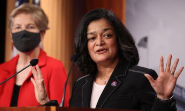 Rep. Pramila Jayapal (D-WA) (right) speaks during a news conference with Sen. Elizabeth Warren (D-MA) to announce legislation that would tax the net worth of America's wealthiest individuals at the U.S. Capitol on March 01