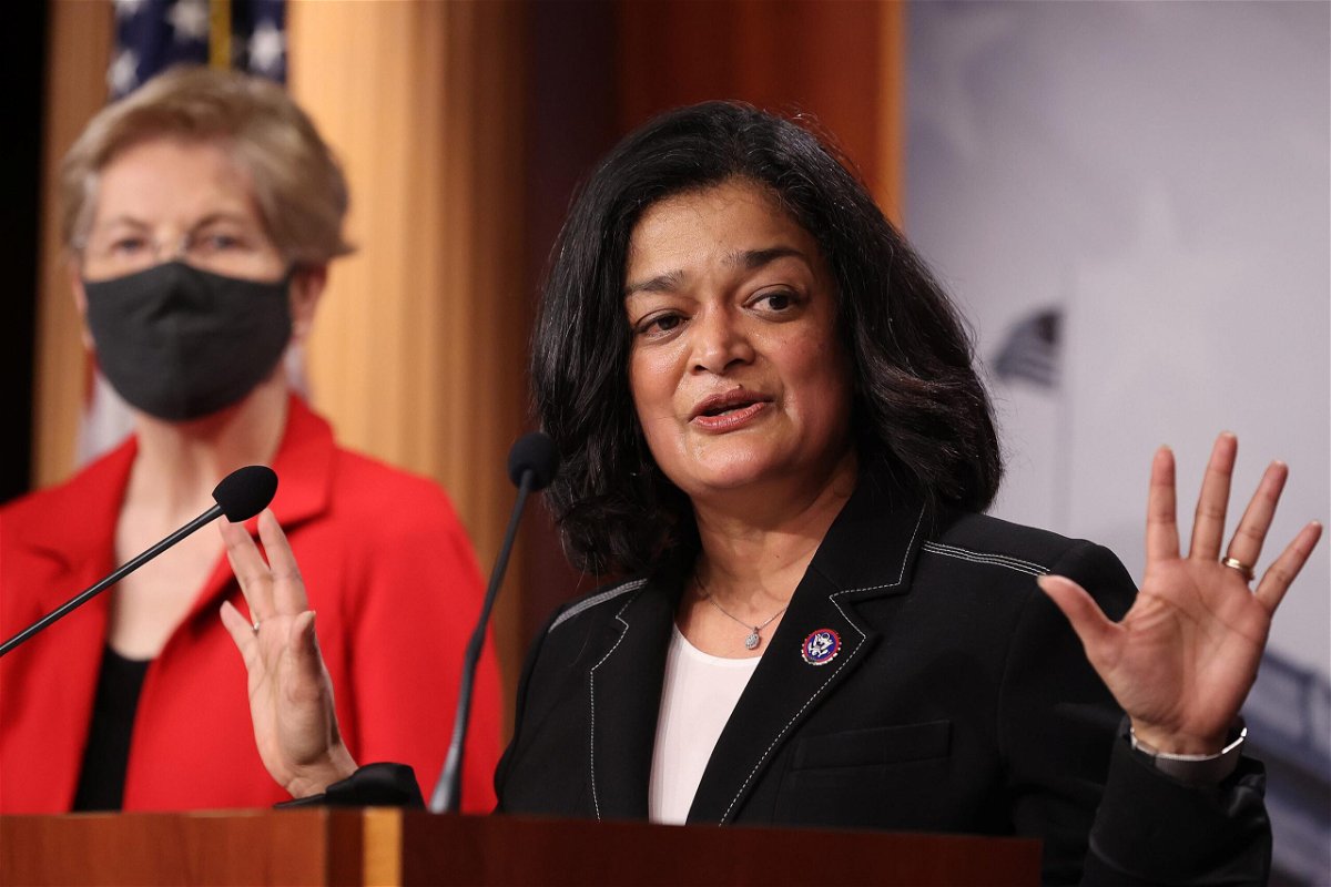 <i>Chip Somodevilla/Getty Images</i><br/>Rep. Pramila Jayapal (D-WA) (right) speaks during a news conference with Sen. Elizabeth Warren (D-MA) to announce legislation that would tax the net worth of America's wealthiest individuals at the U.S. Capitol on March 01