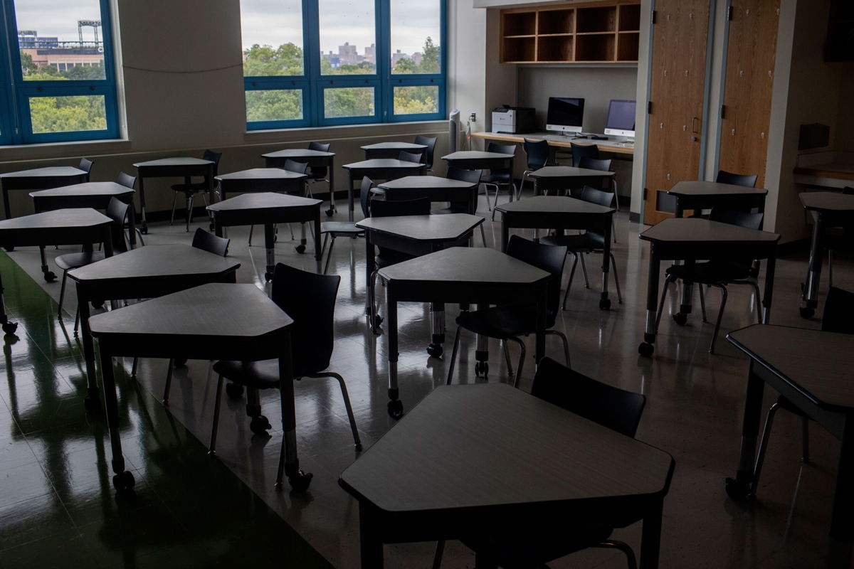 <i>Andrew Lichtenstein/Corbis News/Getty Images</i><br/>The Nation's largest school district welcomes New York students back to in-person learning. An empty classroom at P.S. 143 in the New York borough of Queens is seen August 18.