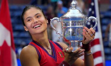 Britain's Emma Raducanu celebrates winning the 2021 US Open.