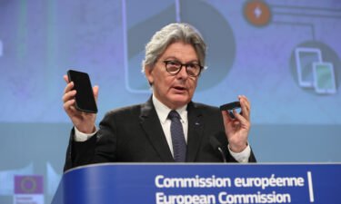 European Commissioner for Internal Market Thierry Breton speaks as he holds a press conference about the harmonisation of the electronic charger.