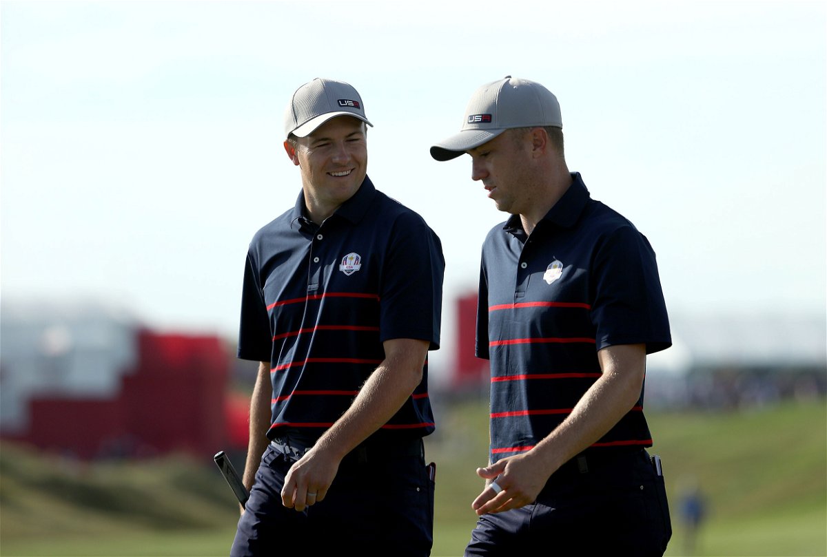 <i>Patrick Smith/Getty Images</i><br/>Jordan Spieth and Thomas walk during Friday Morning Foursome Matches of the 43rd Ryder Cup.