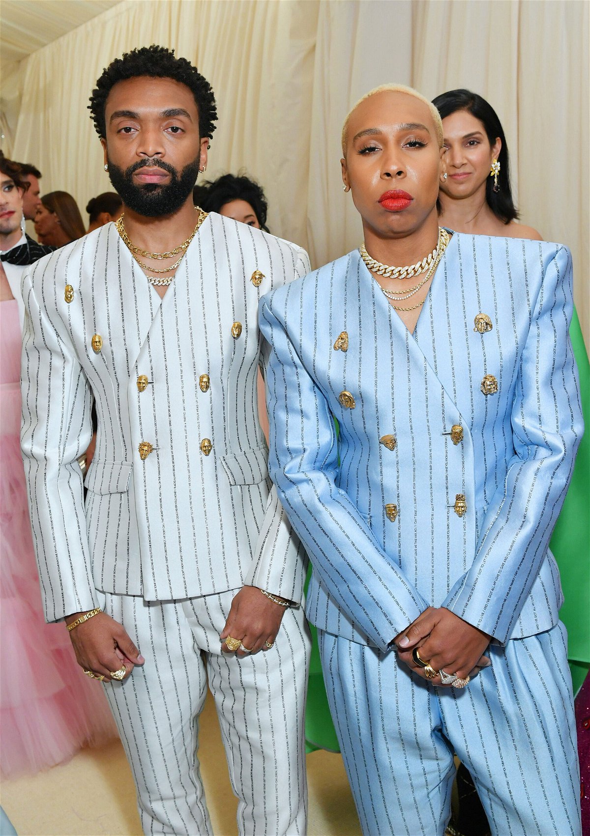<i>Mike Coppola/Getty Images</i><br/>Pyer Moss founder Kerby Jean-Raymond and actor Lena Waithe both wearing suits with custom Johnny Nelson buttons to the 2019 Met Gala.