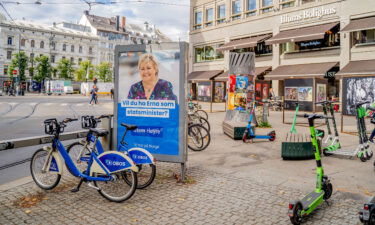 A billboard featuring an election poster of Norway's Prime Minister and leader of the conservative Hoyre party