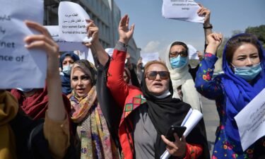 Afghan women take part in a demonstration for their rights in Kabul on Sept. 3.