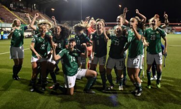 Northern Ireland celebrates after winning 2-0 against Ukraine in the UEFA Women's Euro 2022 play-offs in Belfast