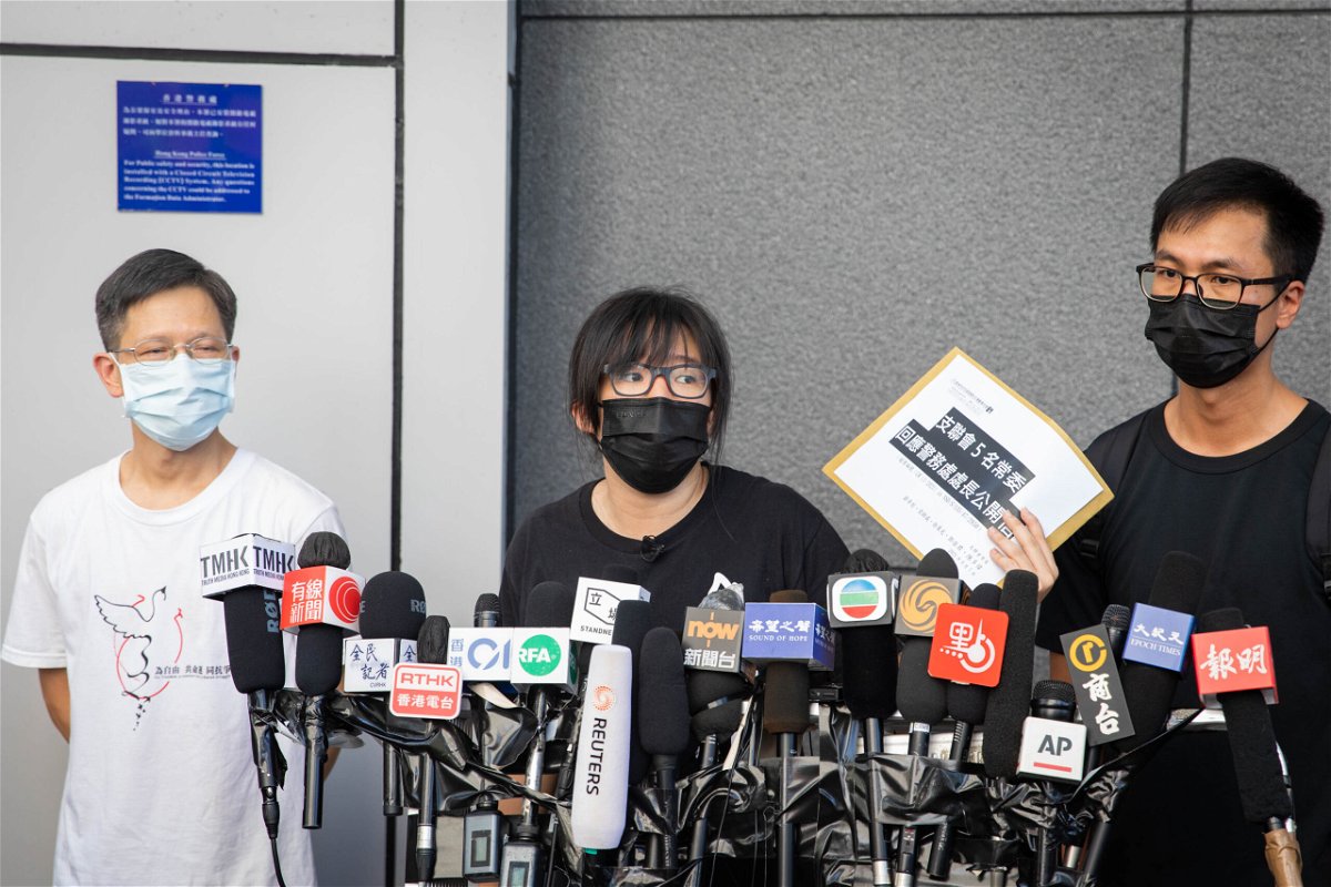 <i>Alex Chan Tsz Yuk/SOPA Images/Sipa USA</i><br/>Chow Hang-tung and two other committee members of the Hong Kong Alliance at a press conference in Hong Kong on September 7.