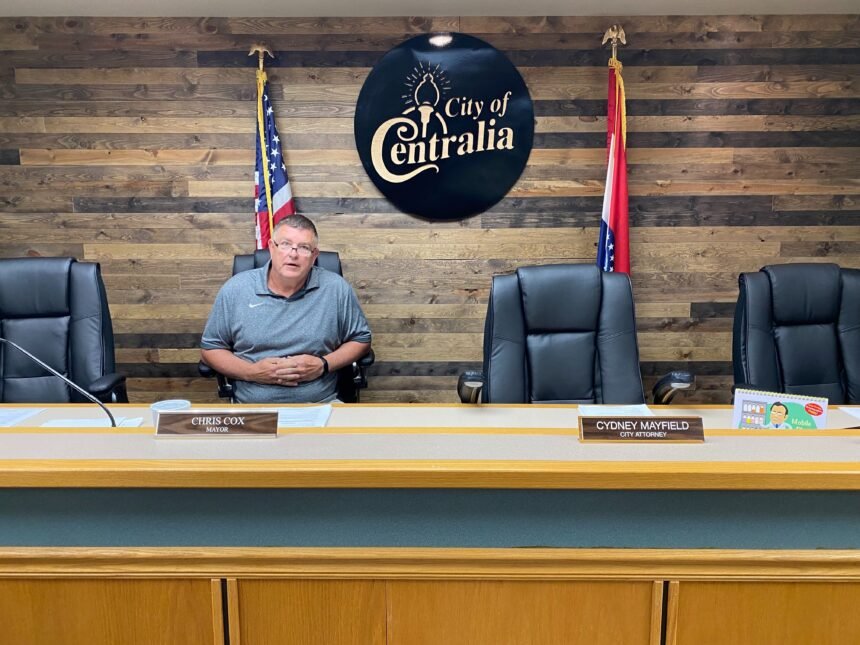 Centralia Mayor Chris Cox sits in the council chambers ahead of a Monday night Board of Aldermen meeting.