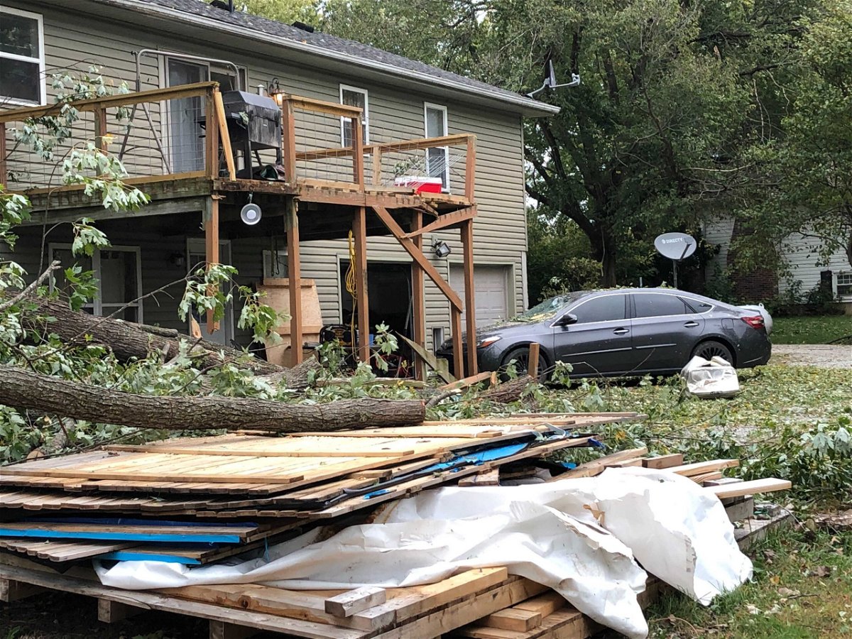 Storm damage is seen at a home in a neighborhood near Sedalia on Monday, Oct. 25, 2021.