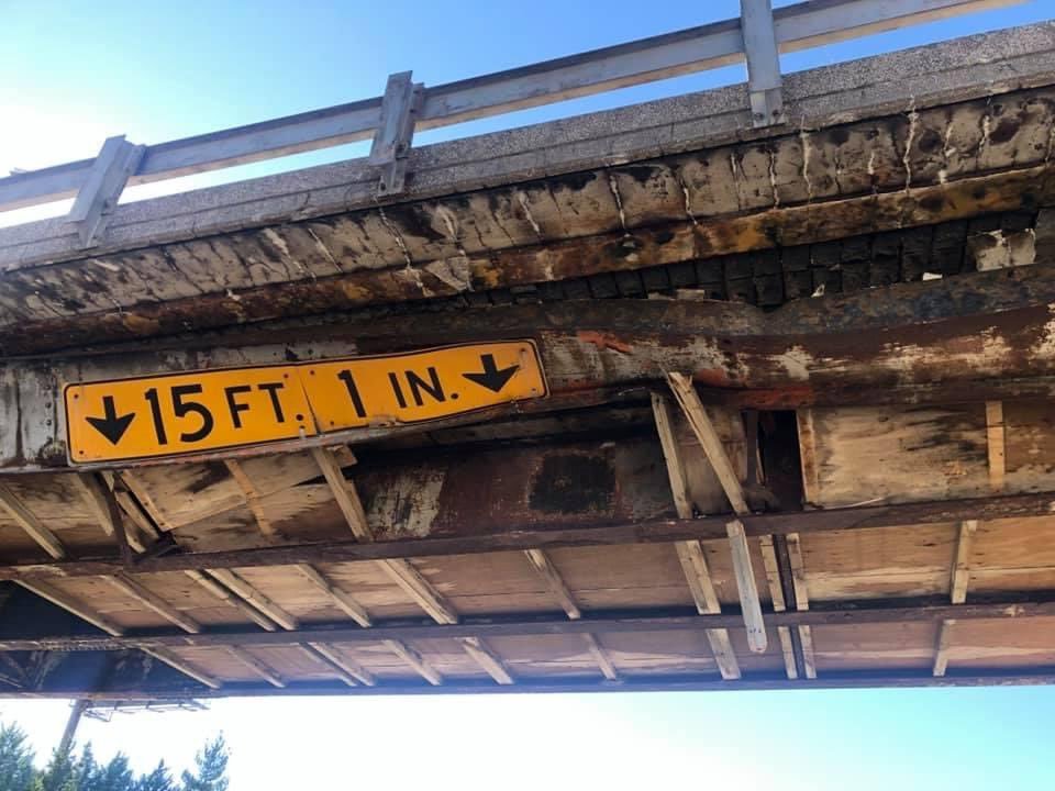 Damage to Sorrels Overpass from a tractor-trailer is visible Monday, Oct, 18, 2021.