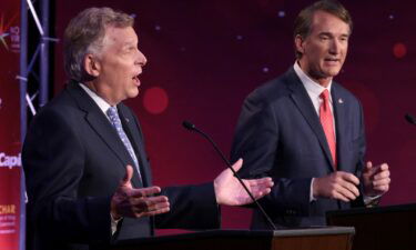 Former Virginia Gov. Terry McAuliffe (D-VA) (R) debates Republican gubernatorial candidate Glenn Youngkin (R) hosted by the Northern Virginia Chamber of Commerce September 28 in Alexandria