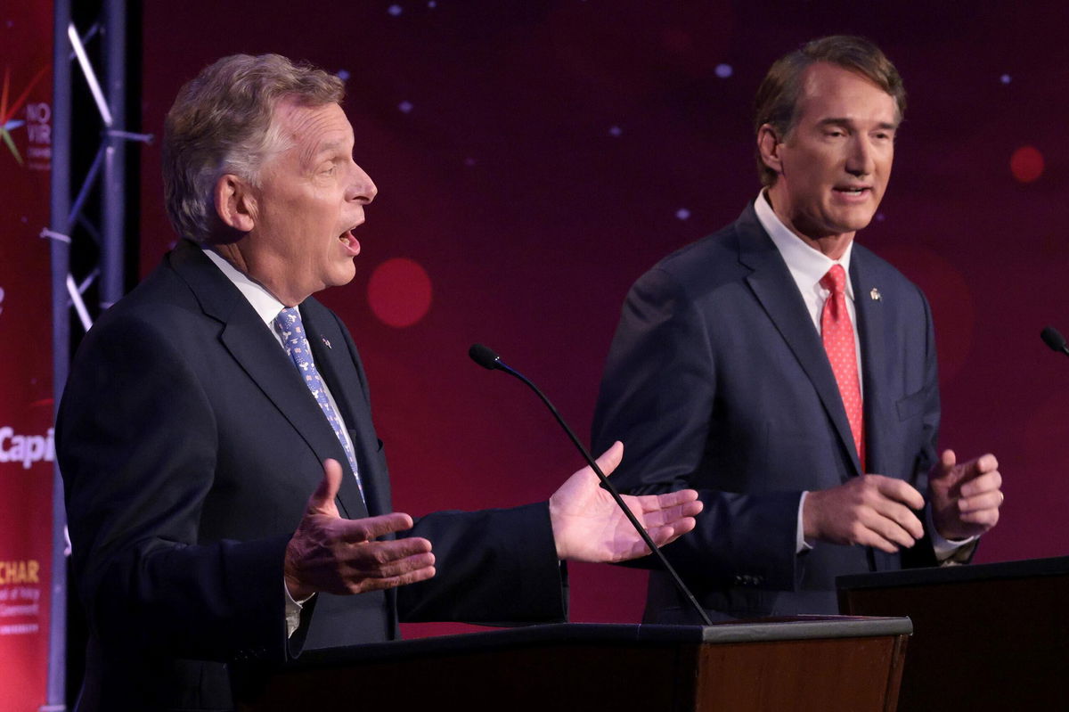 <i>Win McNamee/Getty Images</i><br/>Former Virginia Gov. Terry McAuliffe (D-VA) (R) debates Republican gubernatorial candidate Glenn Youngkin (R) hosted by the Northern Virginia Chamber of Commerce September 28 in Alexandria