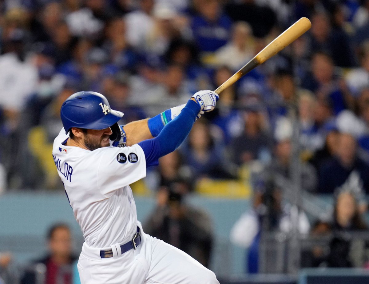 <i>Keith Birmingham/Pasadena Star-News/Getty Images</i><br/>Chris Taylor of the Los Angeles Dodgers hits a solo home run