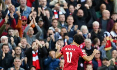 Mohamed Salah of Liverpool celebrates after scoring their side's second goal during the Premier League match between Liverpool and Manchester City at Anfield on October 3 in Liverpool