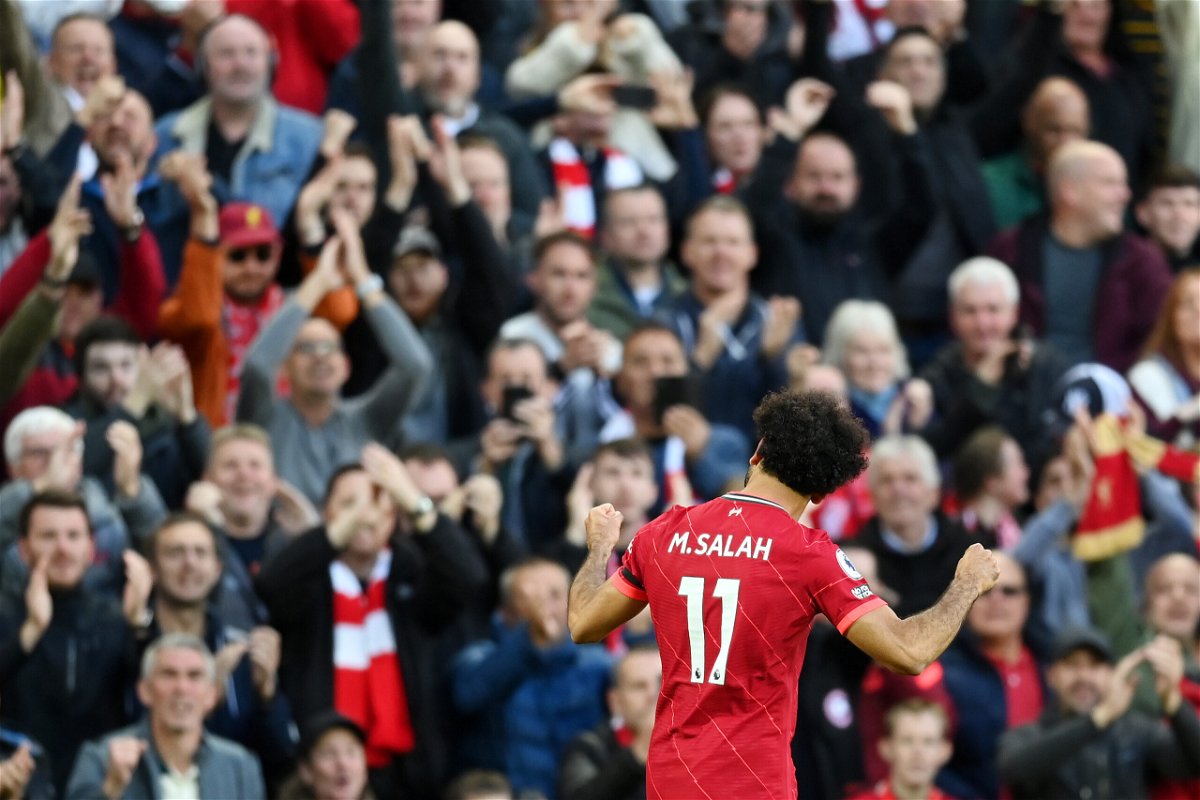 <i>Michael Regan/Getty Images Europe/Getty Images</i><br/>Mohamed Salah of Liverpool celebrates after scoring their side's second goal during the Premier League match between Liverpool and Manchester City at Anfield on October 3 in Liverpool