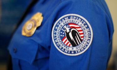 A TSA arm patch is seen at Los Angeles International Airport (LAX) on February 20