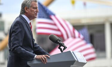 Mayor Bill De Blasio speaks at the Intrepid Sea