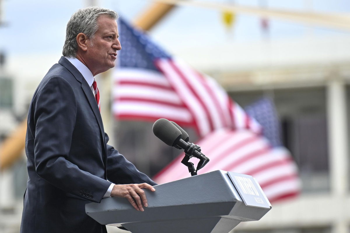 <i>Alexi Rosenfeld/Getty Images</i><br/>Mayor Bill De Blasio speaks at the Intrepid Sea