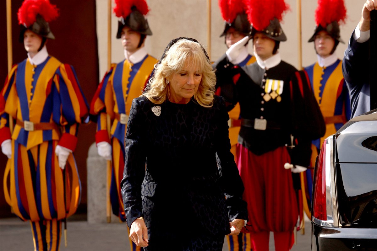 <i>Franco Origlia/Getty Images</i><br/>First lady Jill Biden arrives at the San Damaso Courtyard for a meeting with Pope Francis at the Apostolic Palace on Friday