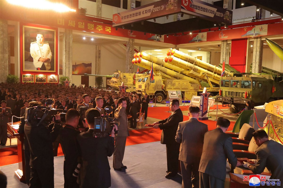 <i>KCNA/AP</i><br/>North Korean leader Kim Jong Un visits an exhibition of weapons systems in Pyongyang on October 11.