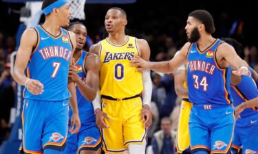 The Los Angeles Lakers guard Russell Westbrook (center) was ejected after a heated exchange with Oklahoma City Thunder forward Darius Bazley (left).