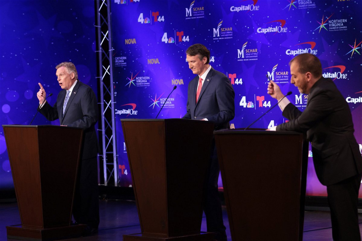<i>Win McNamee/Getty Images</i><br/>Former Virginia Gov. Terry McAuliffe and Republican gubernatorial candidate Glenn Youngkin participate in a debate hosted by the Northern Virginia Chamber of Commerce September 28