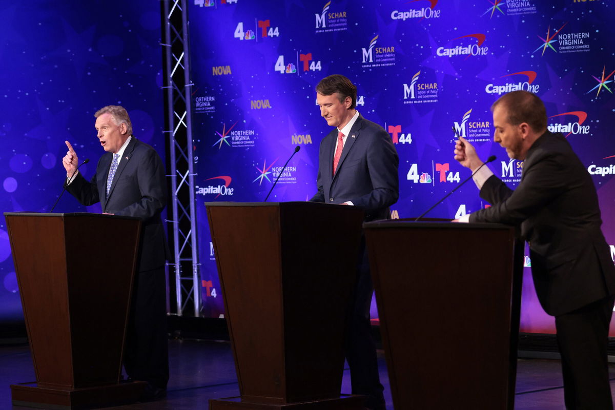 <i>Win McNamee/Getty Images</i><br/>Former Democrat Virginia Gov. Terry McAuliffe (L) and Republican gubernatorial candidate Glenn Youngkin (C) participate in a debate hosted by the Northern Virginia Chamber of Commerce September 28